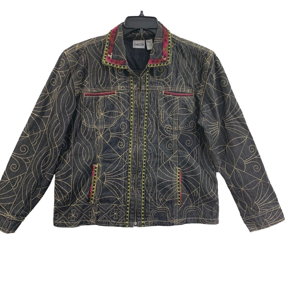 Chicos Denim Jacket Tribal Art Zip Cotton sz 2/ Large 12 Embroidered - Picture 13 of 13